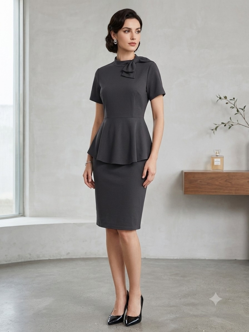 Elegant Black Peplum Midi Dress with Neck Bow
